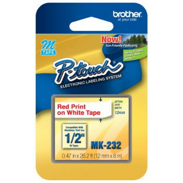 Brother MK-232 Red-On-White Tape, 0.5in x 26.2ft