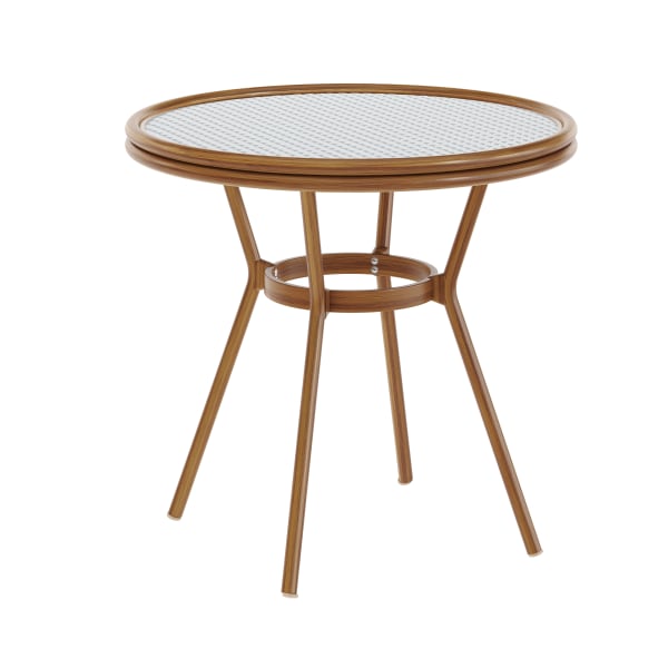 Flash Furniture Lourdes Indoor/Outdoor Commercial Bistro 31.5in Table, PE Rattan, Glass Top, Bamboo Print Aluminum Frame, White & Navy Rattan/Natural Frame