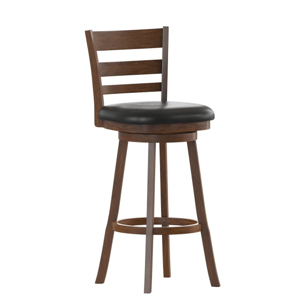 Flash Furniture Zerrick Commercial Grade Wood Classic Ladderback Swivel Bar Height Barstool with Padded, Upholstered Seat, Black Vinyl/Antique Oak Frame