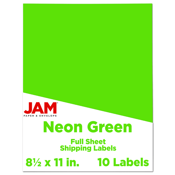 JAM Paper Full-Page Mailing And Shipping Labels, Rectangle, 8 1/2in x 11in, Neon Green, Pack Of 10