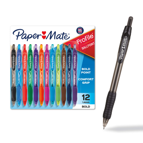 Paper Mate Profile Retractable Ballpoint Pens, Bold Point, 1.4 mm, Assorted Barrels, Assorted Ink Colors, Pack Of 12
