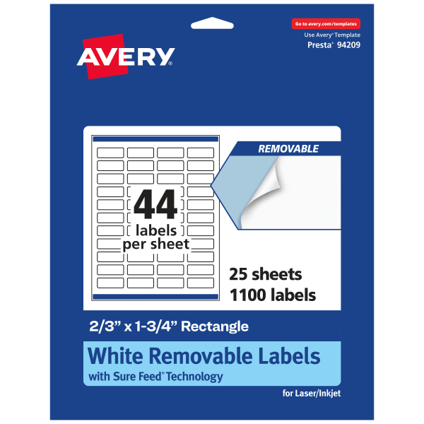 Avery Removable Labels With Sure Feed, 94209-RMP25, Rectangle, 2/3in x 1-3/4in, White, Pack Of 1,100 Labels
