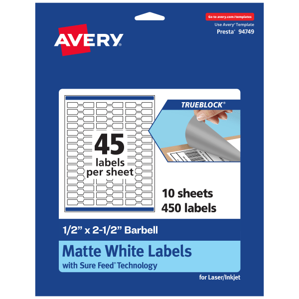 Avery TrueBlock Labels With Sure Feed, 94749-TWMP10, Barbell, 1/2in x 2-1/2in, Matte White, Pack Of 450