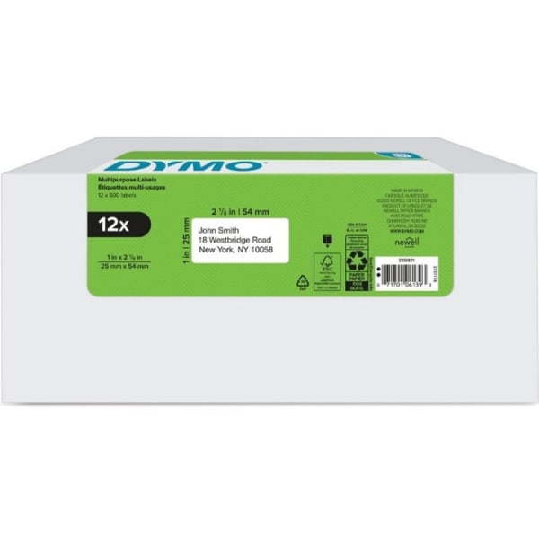 Dymo LabelWriter Multipurpose Label - 1in Height x 2 1/8in Width - Rectangle - Thermal - White, Black - 500 / Roll - 12 Roll