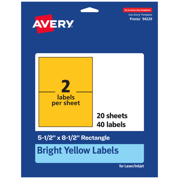 Avery Printable Labels, 94229-BYP20, Rectangle, 5-1/2in x 8-1/2in, Matte Bright Yellow, Pack of 40