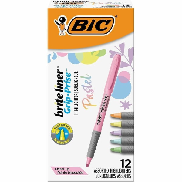 BIC Brite Liner Grip Highlighters, Assorted, 12 Pack - 1.6 mm Marker Point Size - Chisel Marker Point Style - Assorted, Pastel Yellow, Pastel Pink, Pastel Blue, Pastel Green, Pastel Purple, Pastel Orange - 12 Pack