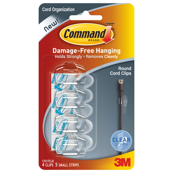 Command Damage-Free Cord Clips, Small, Clear, Pack Of 4
