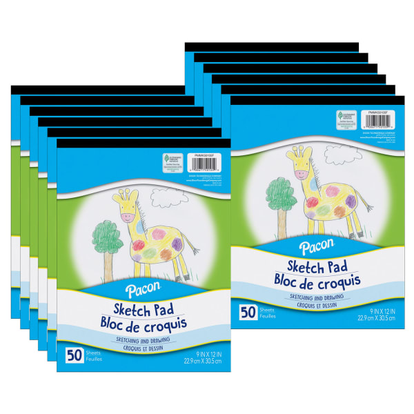 Pacon Sketch Pads, 9in x 12in, White, 50 Sheets Per Pad, Pack Of 12 Pads