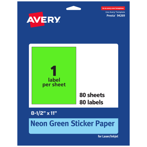 Avery Printable Sticker Paper, 94269-NGP80, Rectangle, 8-1/2in x 11in, Matte Neon Green, Pack of 80