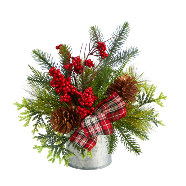 Nearly Natural Holiday Winter 12inH Pine Cones, Berries, Greenery And Plaid Bow Artificial Christmas Arrangement, 12inH x 10inW x 8inD, Green/Silver
