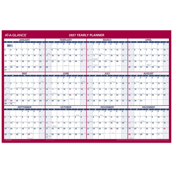 AT-A-GLANCE 2027 Vertical Horizontal Reversible Erasable Yearly Wall Calendar, Large, 24in x 36in
