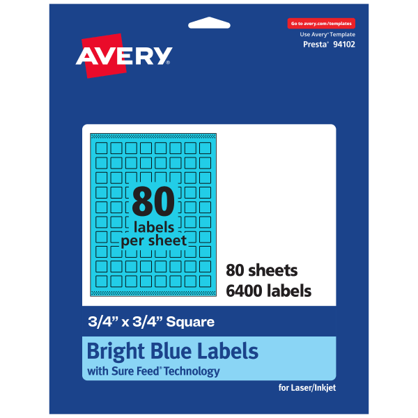 Avery Print-To-The-Edge Labels With Sure Feed Technology And Easy Peel, 94102-BBP80, Square, 3/4in x 3/4in, Matte Bright Blue, Pack of 6400