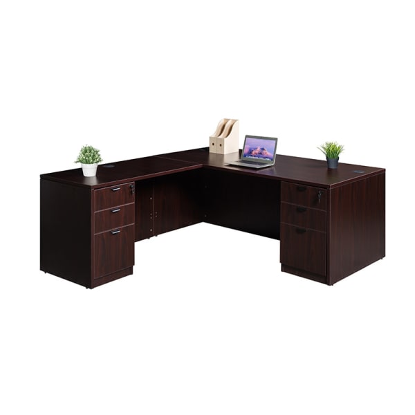 Boss Holland Series 66inW L-Shaped Corner Desk With Dual File Pedestals, Mahogany