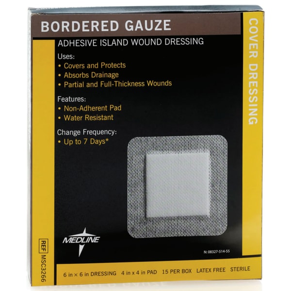 Medline Sterile Border Gauze Pads, 6in x 6in, White, Box Of 15 Pads