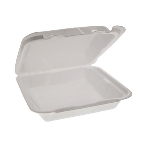 Pactiv Evergreen Foam Hinged-Lid Containers, Dual-Tab Lock, Happy Face, 2-1/4inH x 8inW x 7-3/4inD, White, Carton Of 200 Containers