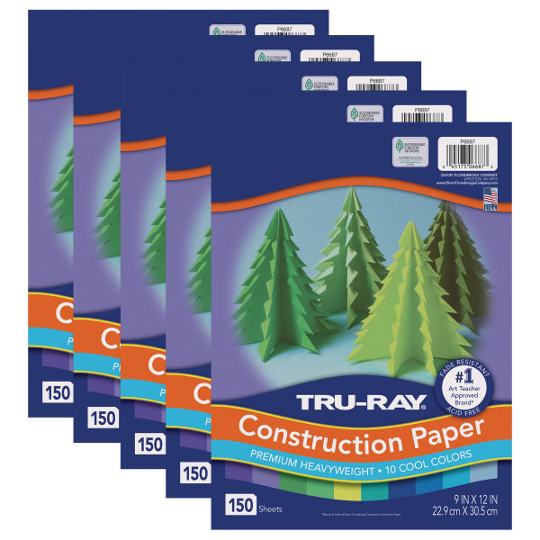 Tru-Ray Construction Paper, Heavyweight, 9in x 12in, Cool Assorted, 150 Sheets Per Pack, Set Of 5 Packs