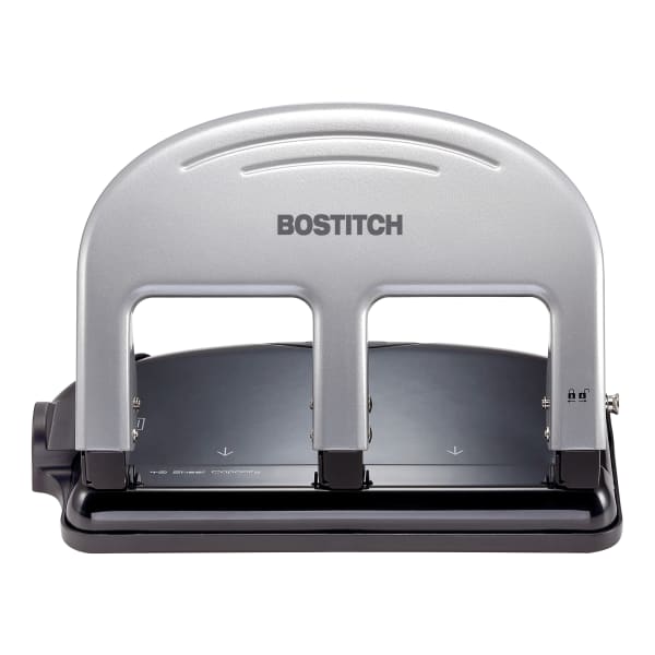 Bostitch EZ Squeeze Three-Hole Punch, 40 Sheet Capacity, Black/Silver
