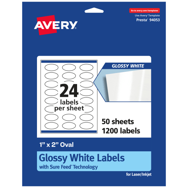 Avery Glossy Permanent Labels With Sure Feed, 94053-WGP50, Oval, 1in x 2in, White, Pack Of 1,200