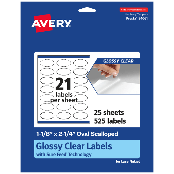 Avery Glossy Permanent Labels With Sure Feed, 94061-CGF25, Oval Scalloped, 1-1/8in x 2-1/4in, Clear, Pack Of 525