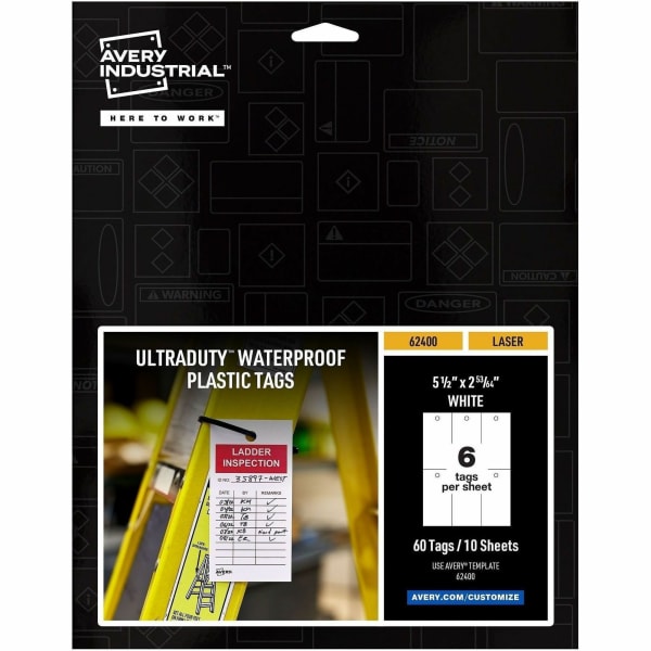 Avery UltraDuty Plastic Tags, 5.5in x 2.83in , White(62400) - 2.92in Length x 5.50in Width - Plastic, Polyester - Matte White - 60 / Pack