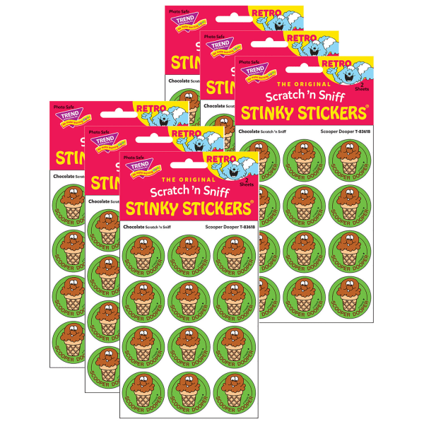 Trend Retro Scratch N Sniff Stinky Stickers, Scooper Dooper/Chocolate, 24 Stickers Per Pack, Set Of 6 Packs