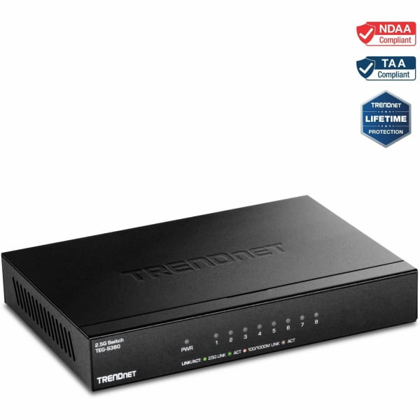 TRENDnet 8-Port Unmanaged 2.5G Switch, 8x 2.5GBASE-T Ports, 40Gbps Switching Capacity, Backwards Compatible with 1 - TEGS380