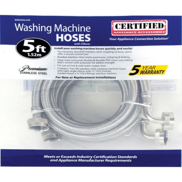 Certified Appliance Accessories 2 PK Braided Stainless Steel Washing Machine Hoses - 60in - Silver, Stainless Steel - Stainless Steel, Vinyl, Polyvinyl Chloride (PVC), Polyester - 2