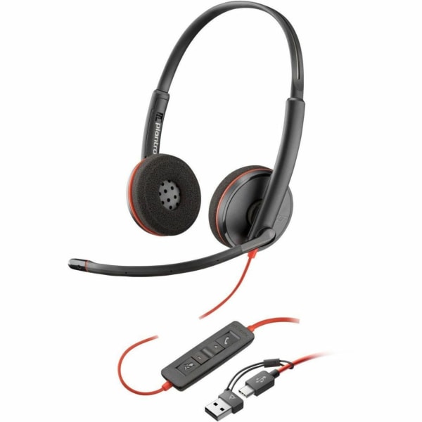 Poly Blackwire 3220 Stereo USB-C Headset +USB-C/A Adapter - Stereo - USB Type C, Mini-phone (3.5mm) - Wired - 32 Ohm - 20 Hz to 20 kHz - On-ear - Binaural - Ear-cup - 5.20 ft Cable - Omni-directional Microphone - Noise Canceling - Black
