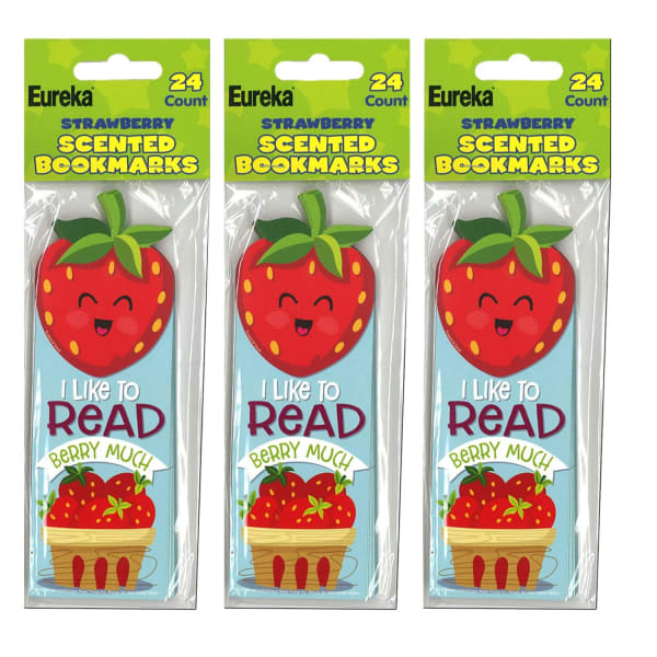 Eureka Bookmarks, 2in x 6in, Strawberry Scented, 24 Per Pack, Set Of 3 Packs