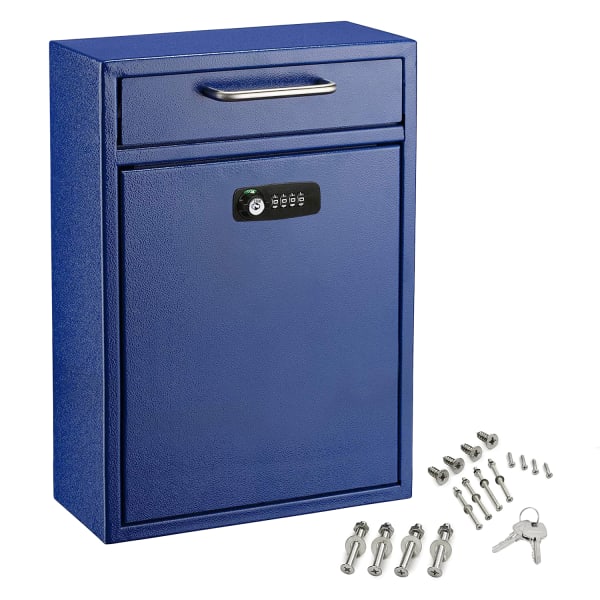 Alpine AdirOffice Large Drop Box Wall Mounted Locking Mail Box With Key And Combination Lock, 16-1/4inH x 11-1/4inW, 4-3/4inD, Blue