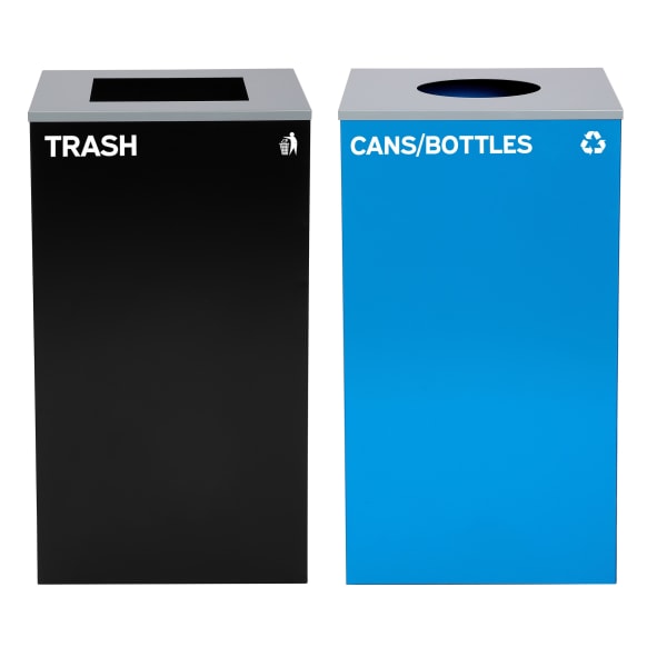 Alpine Industries Stainless-Steel Open Top Cans/Bottles Recycling And Trash Can Set With Square And Circle Lids, 29 Gallons, 30inH x 16-15/16inW x 16-15/16inD, Black/Blue, Set Of 2 Trash Cans
