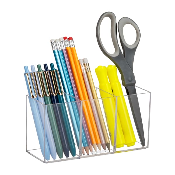Mind Reader Pen And Accessories Holder, 3-1/2inH x 2-1/2inW x 7inD, Clear