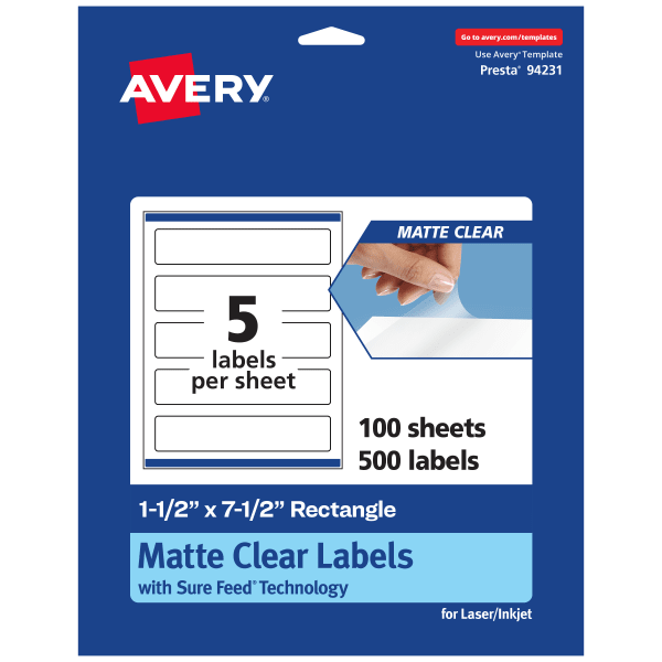 Avery Permanent Labels With Sure Feed, 94231-CMF100, Rectangle, 1-1/2in x 7-1/2in, Matte Clear, Pack Of 500