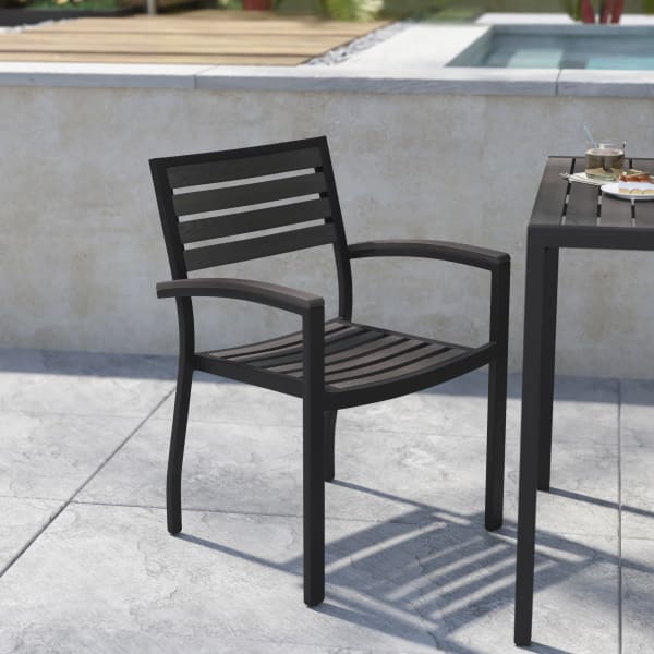 Flash Furniture Lark Aluminum Outdoor Stackable Side Chairs, Gray Wash Teak/Black, Set Of 2 Chairs