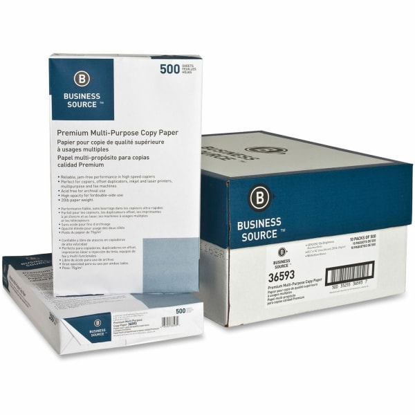 Business Source Premium Multi-Use Printer & Copy Paper, 10 Reams, White, Legal (8.5in x 14in), 5000 Sheets Per Case, 20 Lb, 92 Brightness