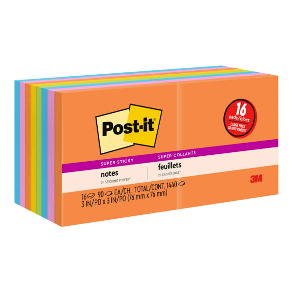 Post-it Super Sticky Notes, 16 Pads, 3 in x 3 in, 2x the Sticking Power, School Supplies and Office Products, Sticky Notes for Vertical Surfaces, Monitors, Walls and Windows, Energy Boost Collection