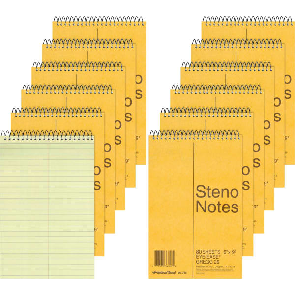 Rediform Steno Notebooks - 80 Sheets - Wire Bound - Gregg Ruled Margin - 16 lb Basis Weight - 6in x 9in Sheet Size - Green Paper - Brown Board Cover - Hard Cover, Rigid - 12 / Pack