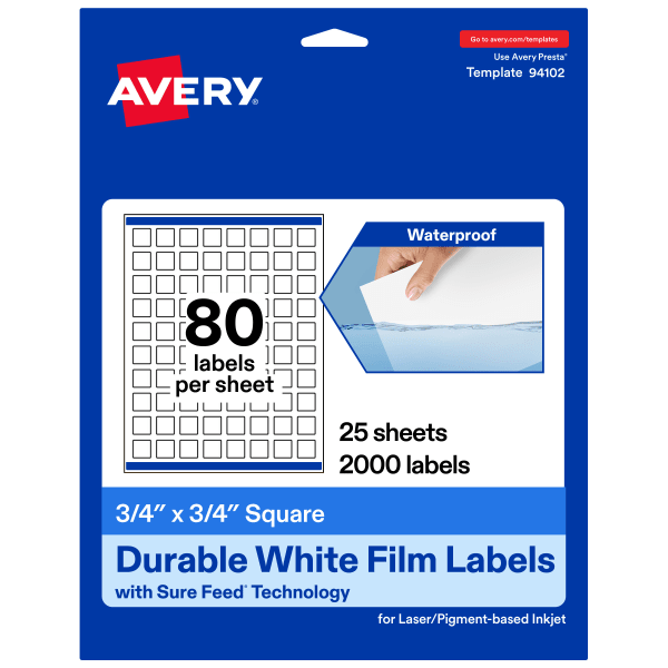 Avery Waterproof Permanent Labels With Sure Feed, 94102-WMF25, Square, 3/4in x 3/4in, White, Pack Of 2,000