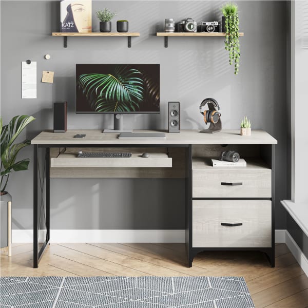 Bestier 56inW Office Desk With Drawers & Tray, White Wash