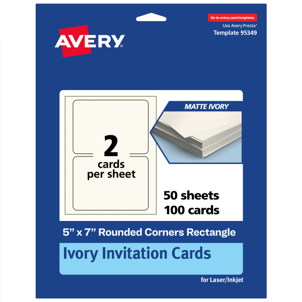 Avery Printable Invitation Cards, 5in x 7in Rectangle Rounded Corners, Matte Ivory, Pack Of 100