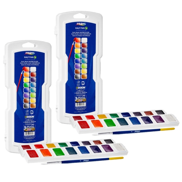 Prang Half Pan Watercolor 16-Color Sets with Brushes, Disposable, Assorted, Pack Of 2 Sets