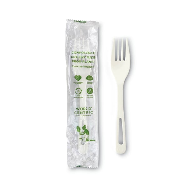 World Centric TPLA Compostable Cutlery, Fork, 6-5/16in, White, Pack Of 750 Forks
