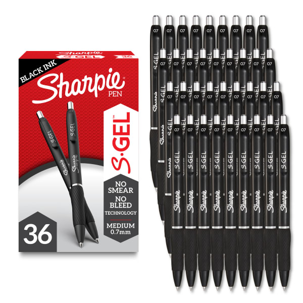Sharpie S Gel Pens, Medium Point, 0.7 mm, Black Barrel, Black Ink, Pack Of 36 Pens
