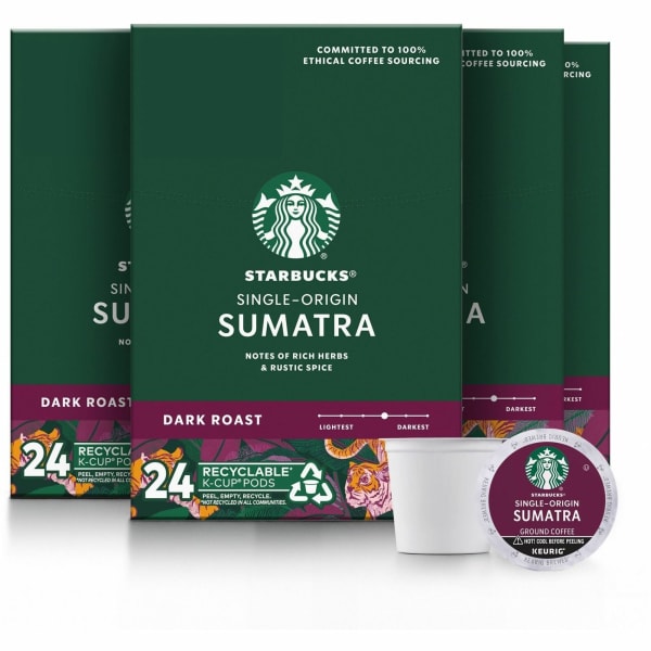 Starbucks K-Cup Sumatra Blend Coffee, Dark Roast, 24 Pods Per Case, Carton Of 4 Cases