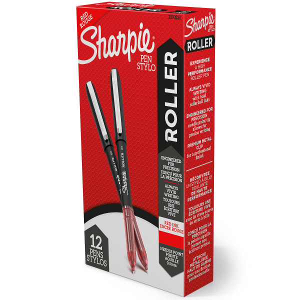 Sharpie Rollerball Pens, Needle Point, 0.5 mm, Red Ink, Pack Of 12