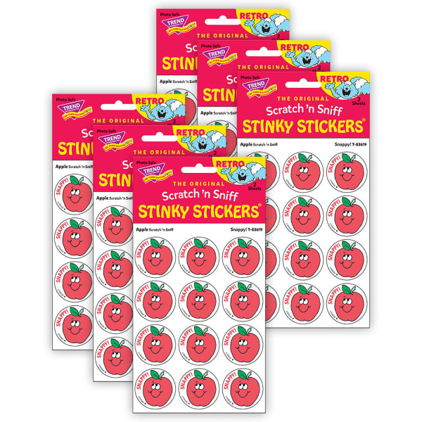 Trend Retro Scratch N Sniff Stinky Stickers, Snappy!/Apple, 24 Stickers Per Pack, Set Of 6 Packs