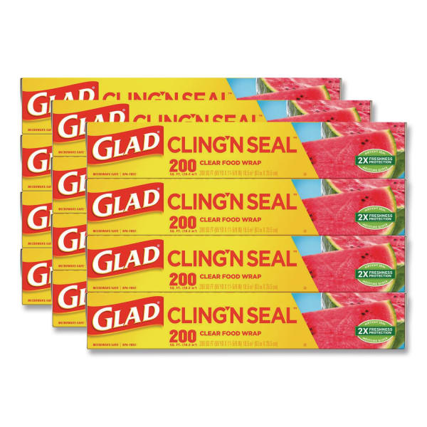 Glad ClingWrap Plastic Wrap Rolls, 200 Sq. Ft., Clear, Pack Of 12 Rolls