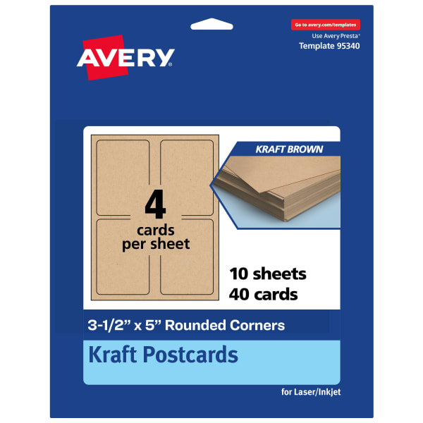 Avery Printable Postcards, 3-1/2in x 5in Rectangle Rounded Corners, Kraft Brown, Pack Of 40