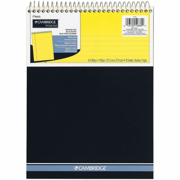 Cambridge Stiff-Back Wire Bound Notebook, 8-1/2in x 11-3/4in, Legal Ruled, 70 Sheets, Canary/Blue