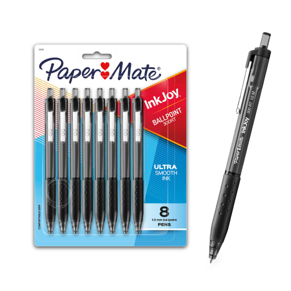 Paper Mate 300RT Effortless Glide Ballpoint Pens, Medium Point, 1.0 mm, Transparent Barrels, Black Ink, 8 Count